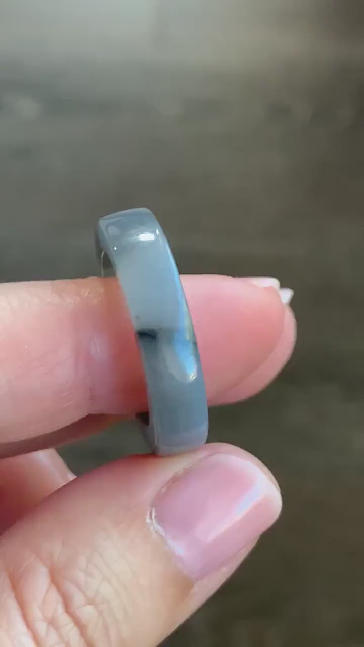 Natural Burmese Icy Translucent Gelatinous Light Gray Wuji Marbled Jadeite Square Edged Band Ring Size 9 5g 天然缅甸冰胶乌鸡翡翠角戒戒圈 MJW529