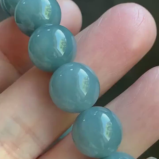 Natural Guatemalan Icy Translucent Dark Dusty Blue Jadeite Large Beads Beaded Bracelet 11.3mm 6.75” 42g 天然冰危蓝翡翠手串 WAL413