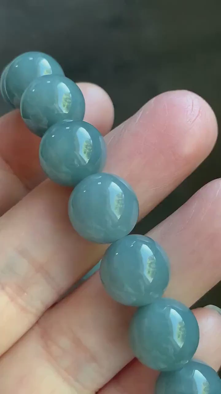Natural Guatemalan Icy Translucent Dark Dusty Blue Jadeite Large Beads Beaded Bracelet 11.3mm 6.75” 42g 天然冰危蓝翡翠手串 WAL413