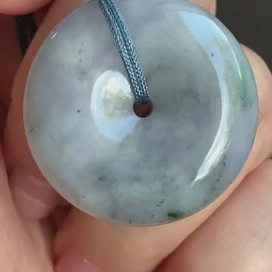 Large Natural Burmese Translucent Multicolored Jadeite Ping An Kou Donut Pendant Rope Necklace 24” Adjustable 天然缅甸细糯紫乌鸡飘绿翡翠平安扣吊坠项链