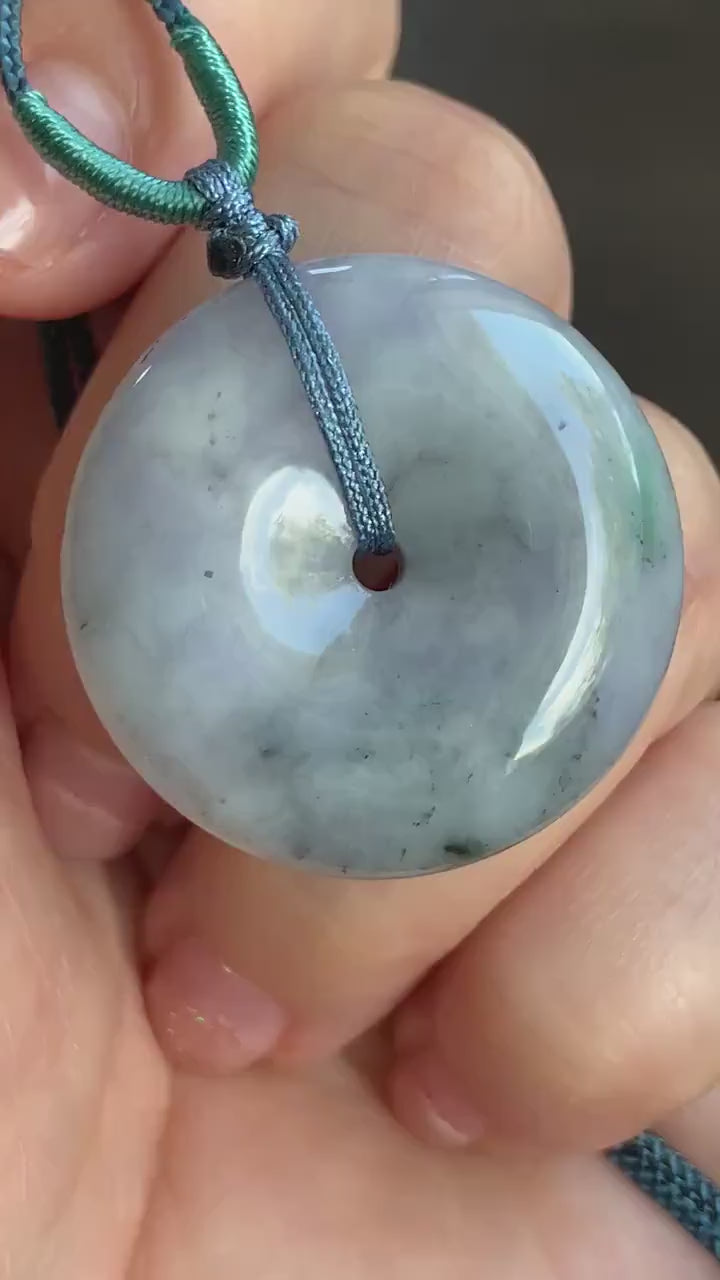 Large Natural Burmese Translucent Multicolored Jadeite Ping An Kou Donut Pendant Rope Necklace 24” Adjustable 天然缅甸细糯紫乌鸡飘绿翡翠平安扣吊坠项链