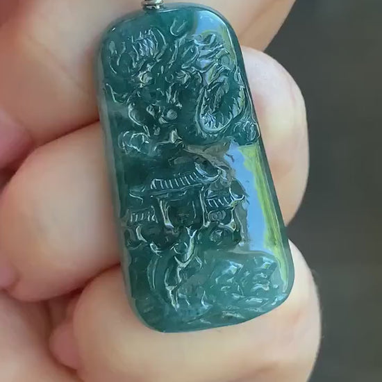 Natural Guatemalan Dark Teal Blue Jadeite Carved Carp Leaping Over Dragon Gate Pendant Sterling Silver 天然冰危深蓝水翡翠鲤鱼跳龙门吊坠