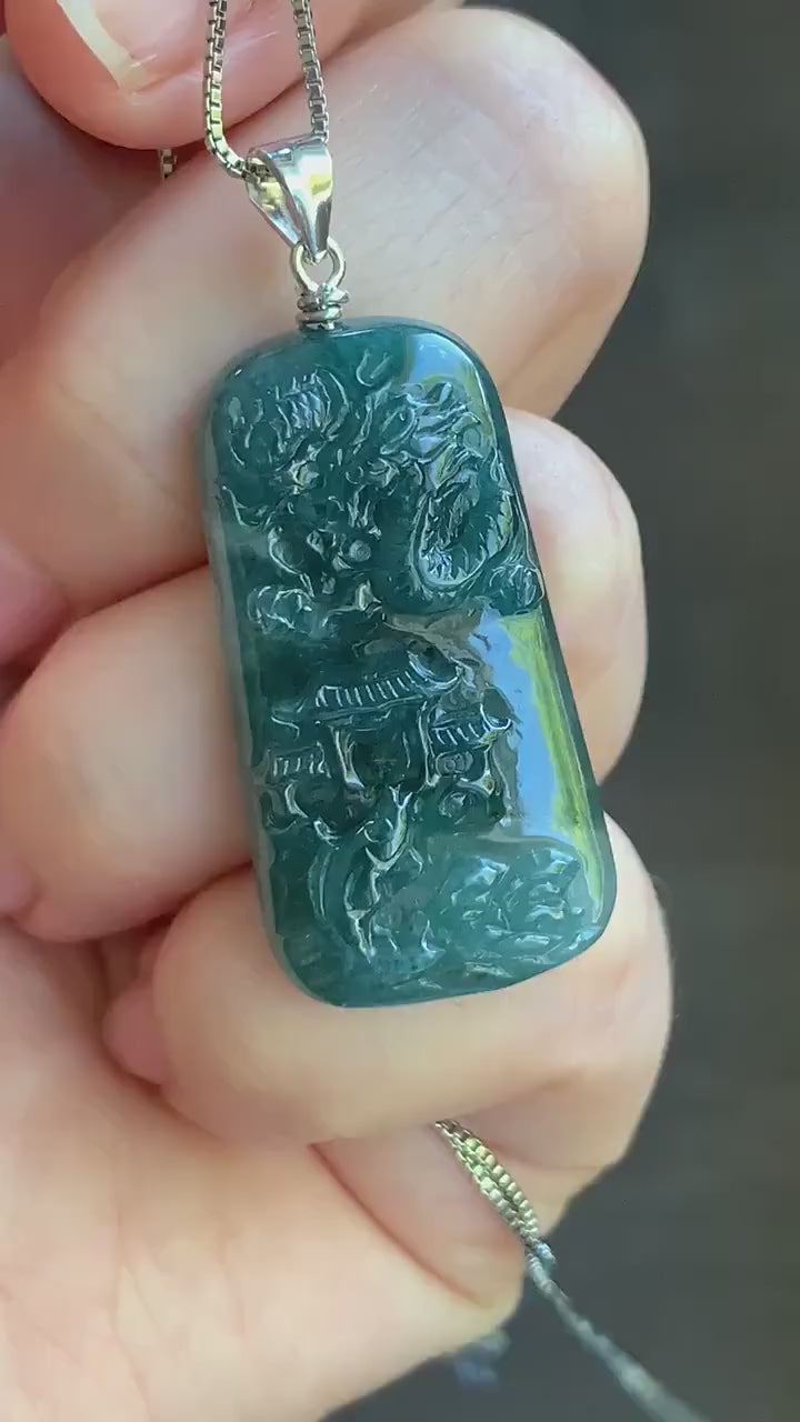 Natural Guatemalan Dark Teal Blue Jadeite Carved Carp Leaping Over Dragon Gate Pendant Sterling Silver 天然冰危深蓝水翡翠鲤鱼跳龙门吊坠